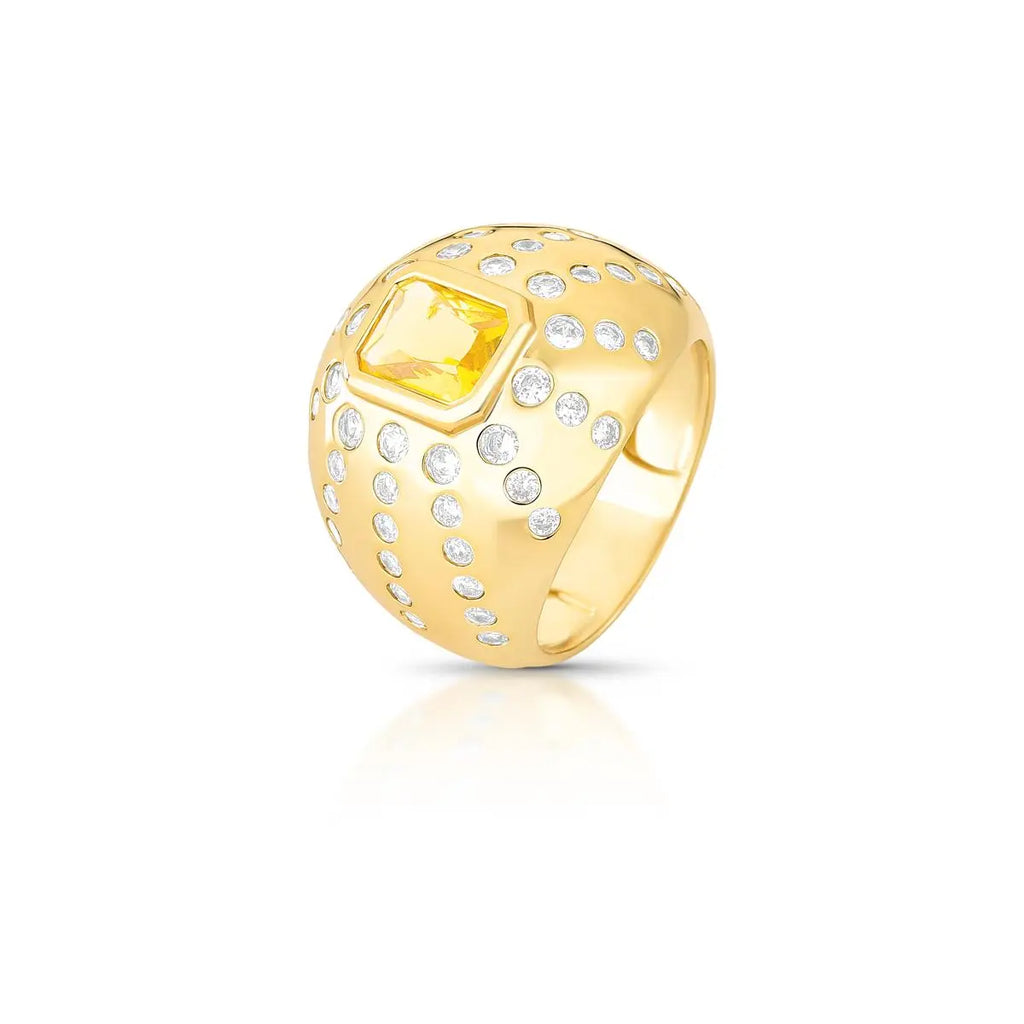 Anel Folheado a Ouro com Cristal Retangular e Zircônias