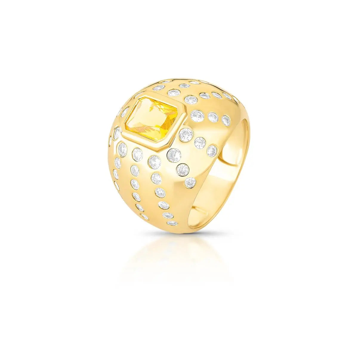 Anel Folheado a Ouro com Cristal Retangular e Zircônias