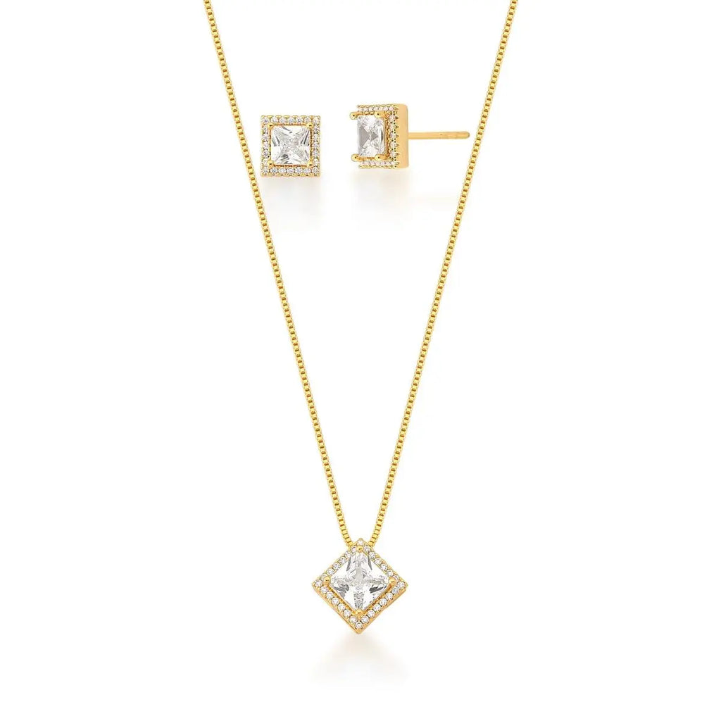 Conjunto Folheado a Ouro Brinco e Corrente com Pingente