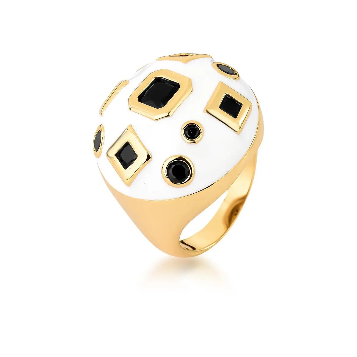 Anel Folheado a Ouro Redondo Esmaltado com Cristais Geométricos
