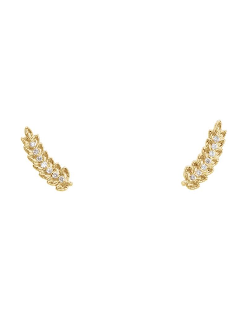Brinco Ear Climber Folha em Ouro 14k com Diamantes Naturais