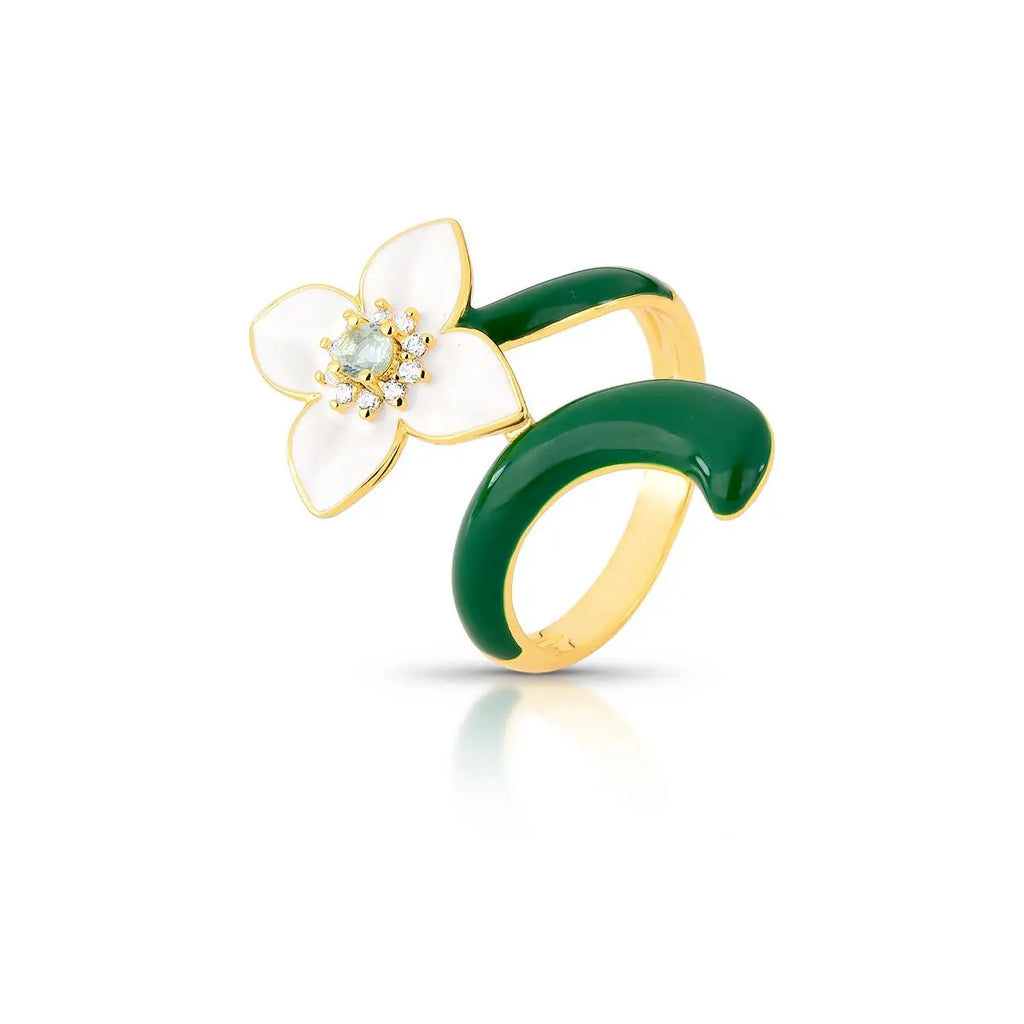 Anel Folheado a Ouro de Flor Esmaltado com Cristal e Zircônia