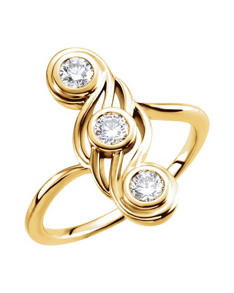 Anel Três Pedras com Cravação Bezel em Ouro 14k com Diamantes Naturais – Modelo 3