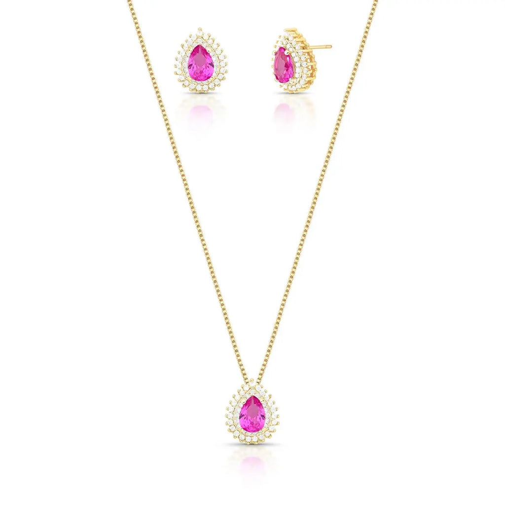 Conjunto Folheado a Ouro Brinco e Colar de Gota com Cristal e Zircônias