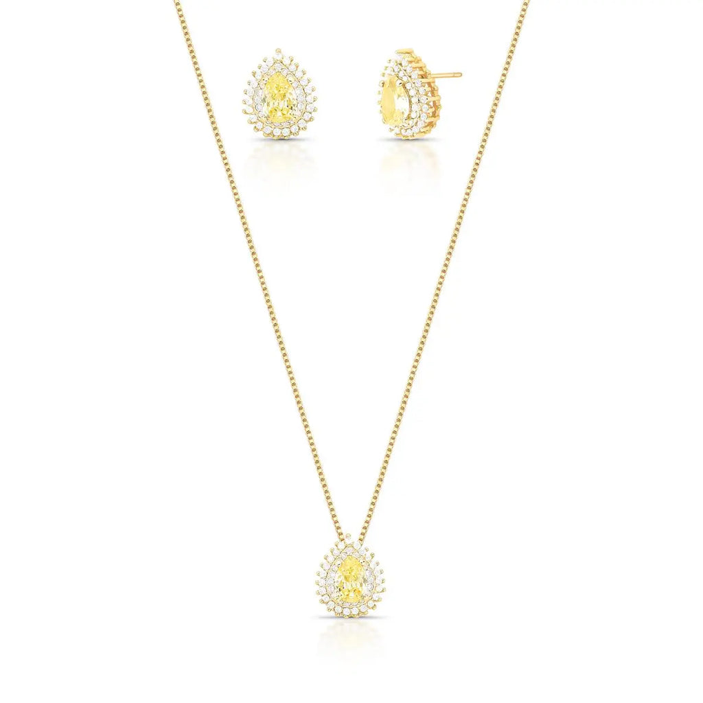 Conjunto Folheado a Ouro Brinco e Colar de Gota com Cristal e Zircônias