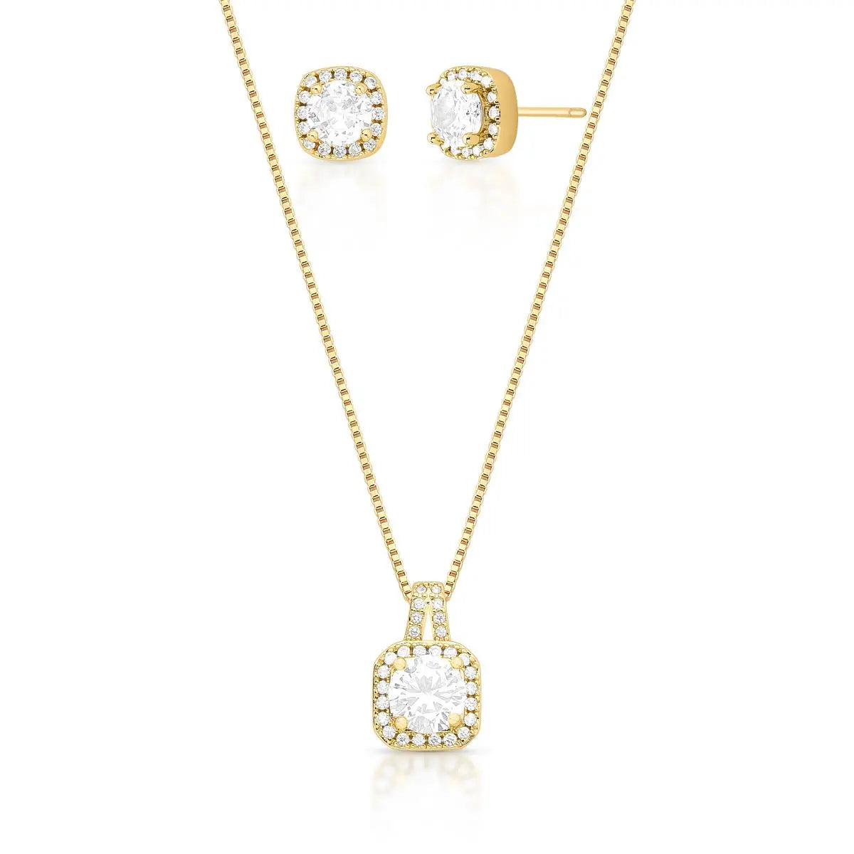 Conjunto Folheado a Ouro Brinco e Colar Quadrado com Cristal Redondo e Zircônias