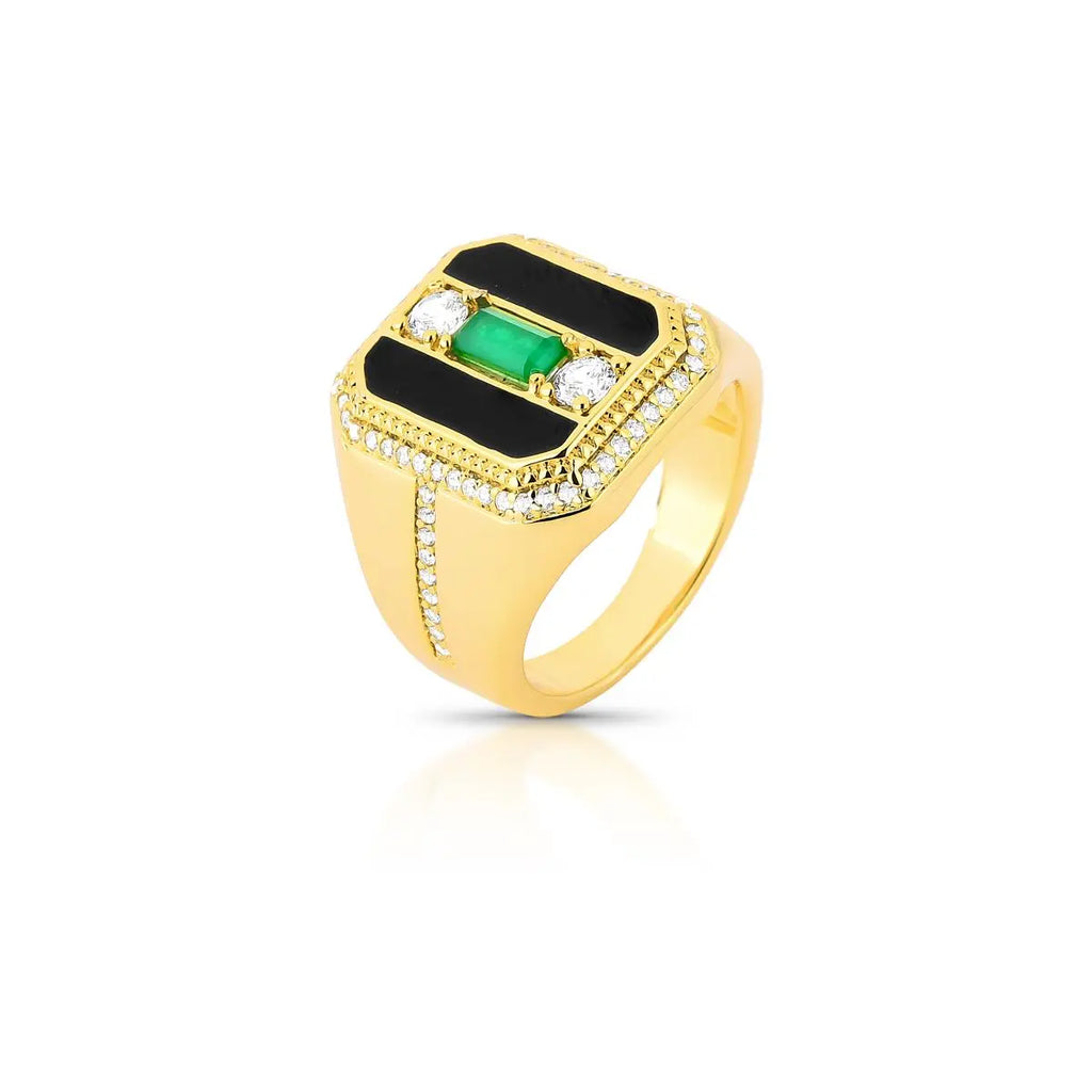 Anel Folheado a Ouro Retangular Esmaltado com Cristal e Zircônia
