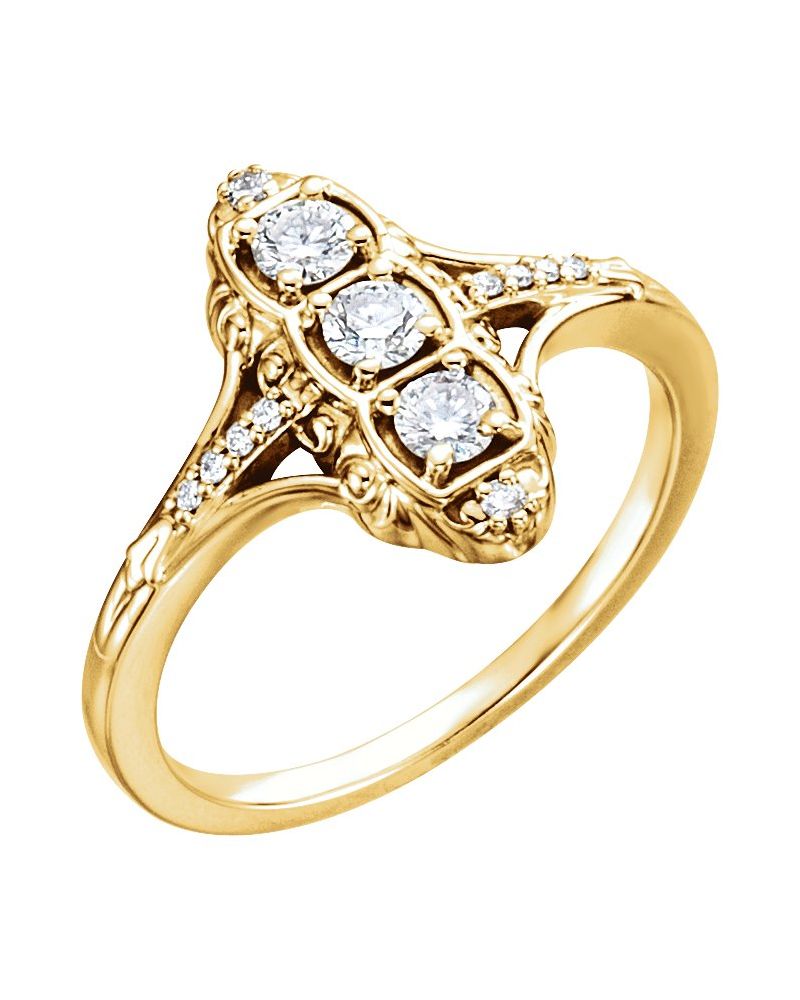 Anel Três Pedras Vintage em Ouro 14k com Diamantes Naturais – Modelo 2