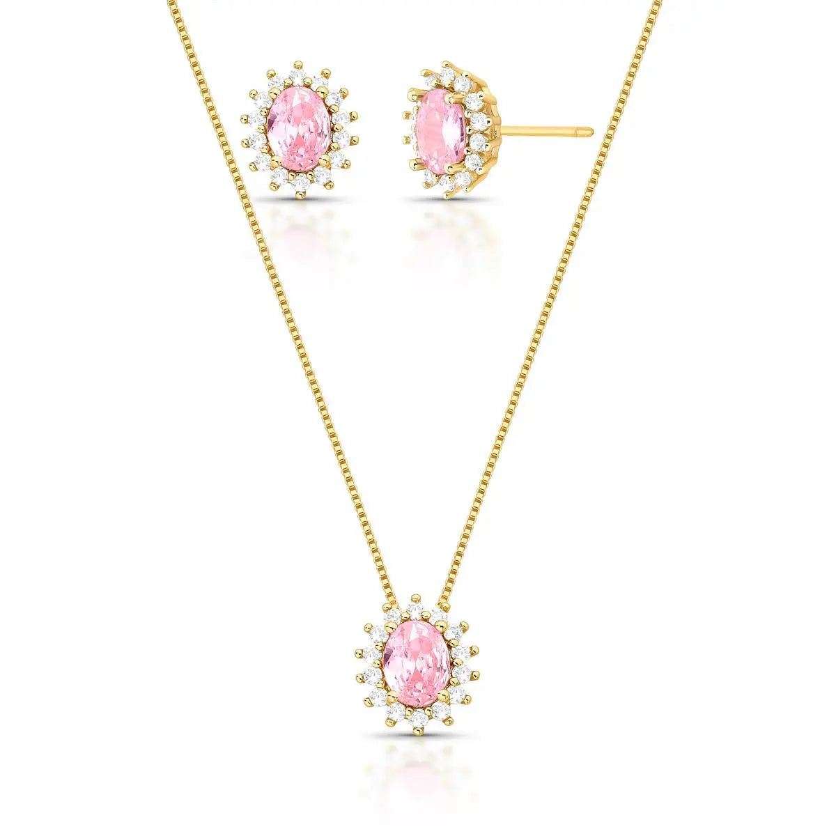Conjunto Brinco e Colar com Cristal Oval e Zircônias