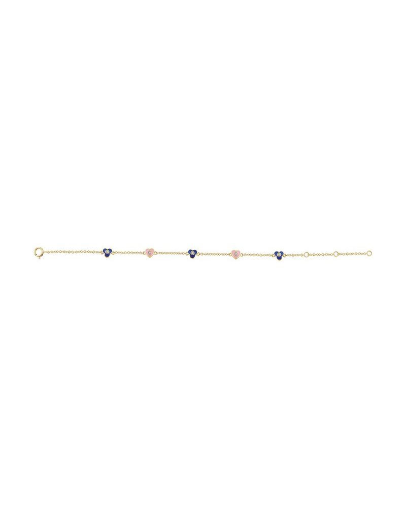 Pulseira Flores e Corações Infantil em Ouro 14k com Diamantes Naturais