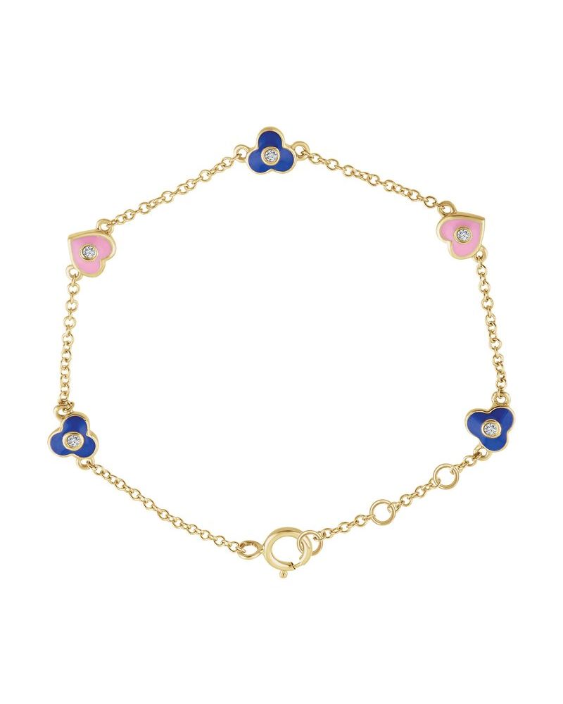 Pulseira Flores e Corações Infantil em Ouro 14k com Diamantes Naturais