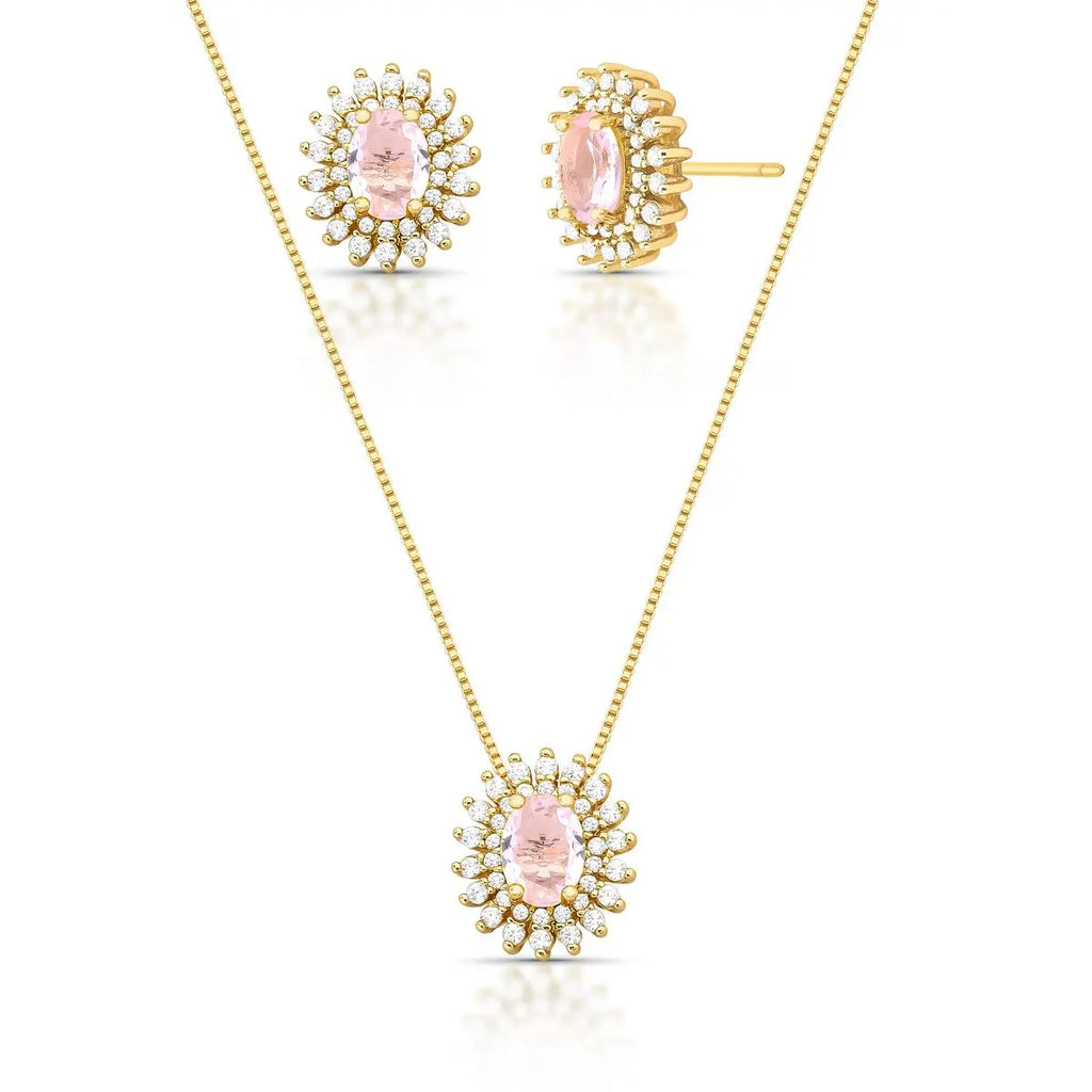 Conjunto Brinco e Colar com Cristal Oval e Zircônias