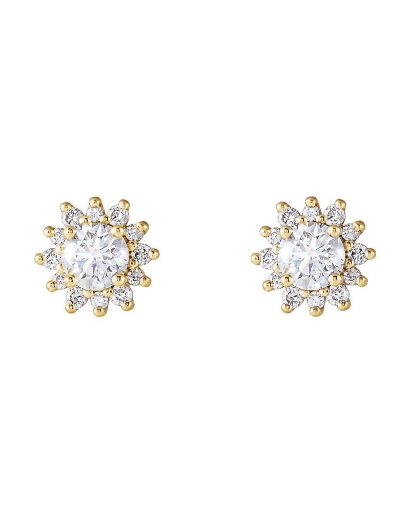 Brinco Ponto de Luz Redondo Quatro Garras Halo em Ouro 14k com Diamantes Naturais