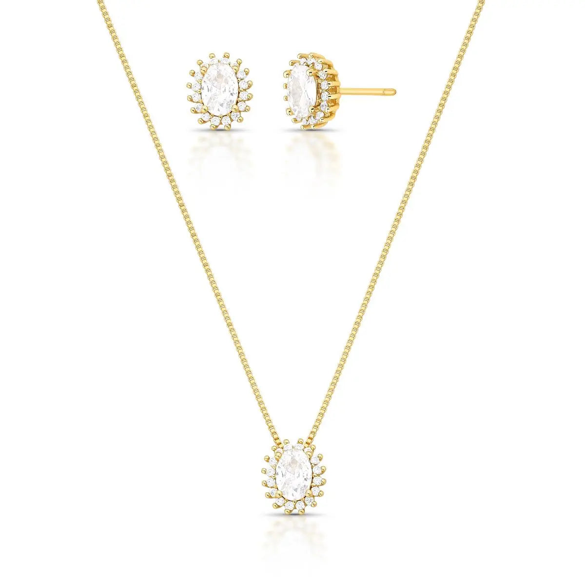 Conjunto Brinco e Colar com Cristal Oval e Zircônias