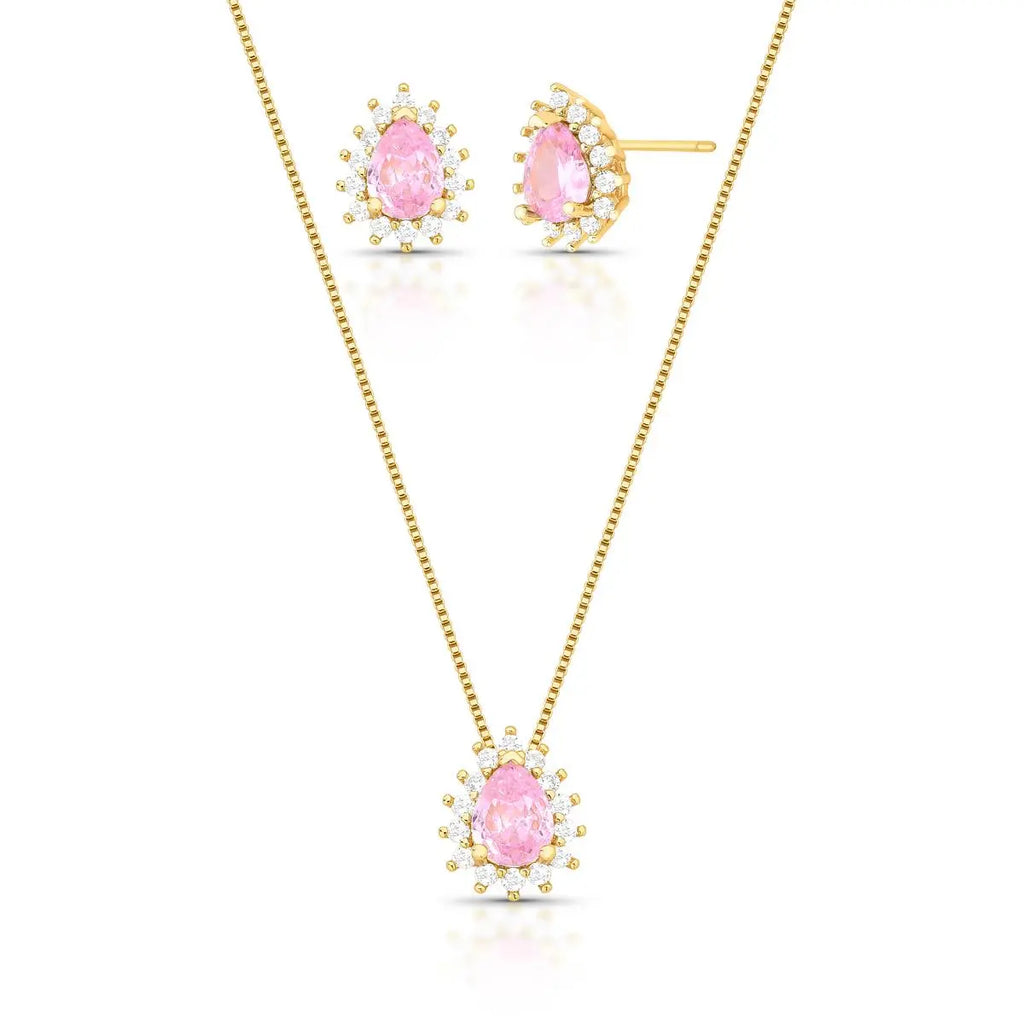 Conjunto Brinco e Colar com Cristal de Gota e Zircônias