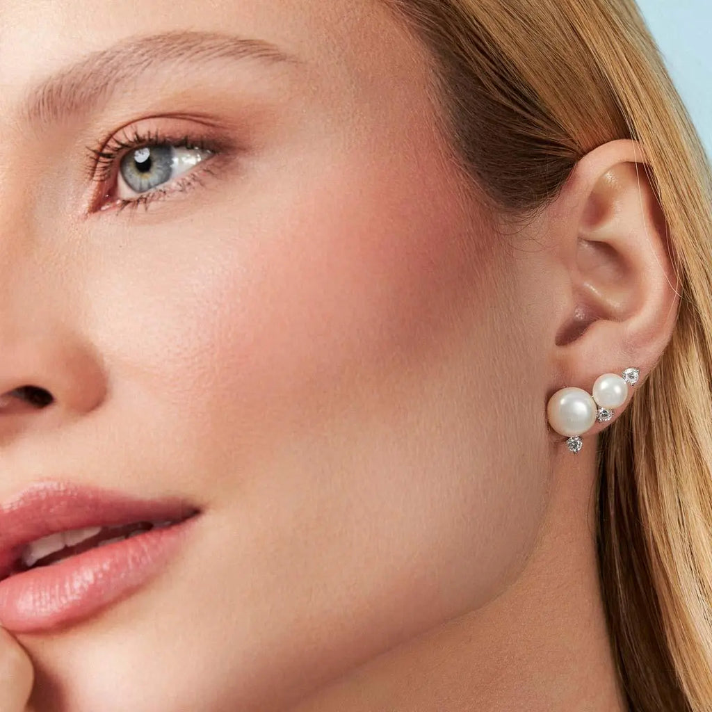 Brinco Ear de Prata 925 Cuff de Pérola Água Doce e Cristais