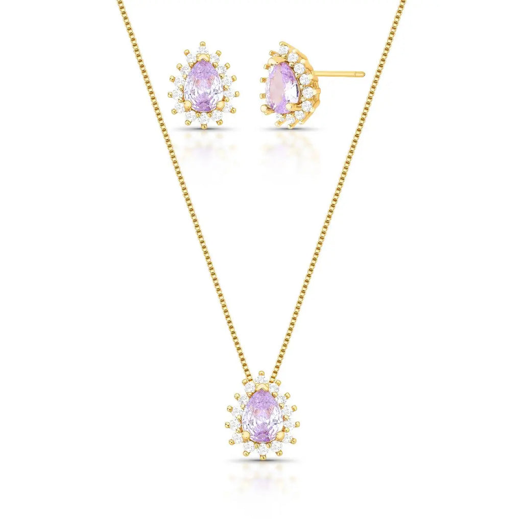 Conjunto Brinco e Colar com Cristal de Gota e Zircônias