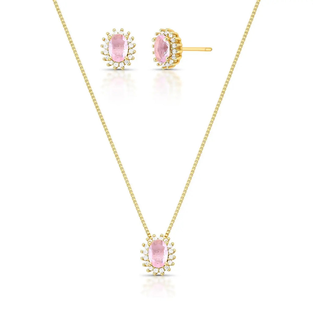 Conjunto Brinco e Colar com Cristal Oval e Zircônias