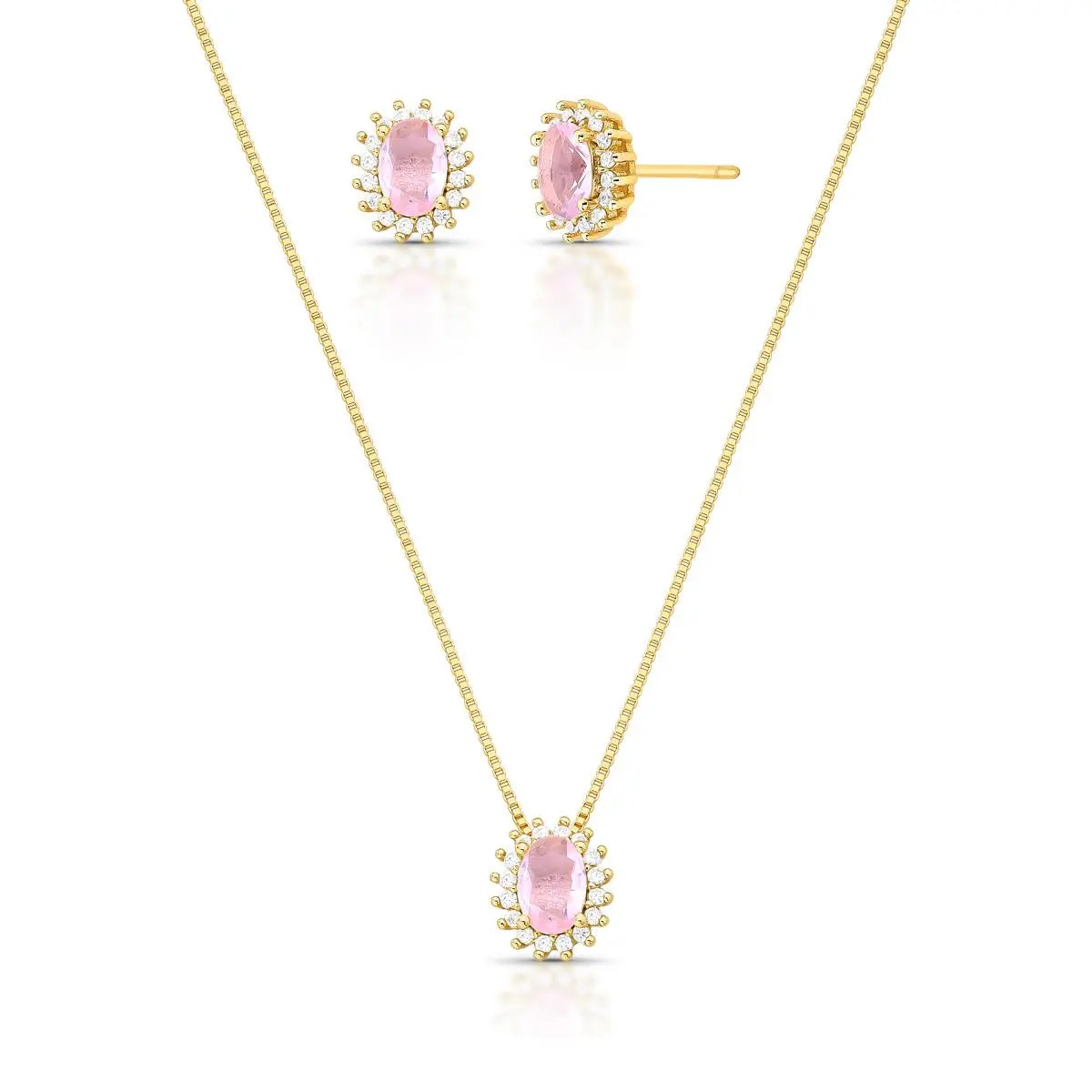 Conjunto Brinco e Colar com Cristal Oval e Zircônias
