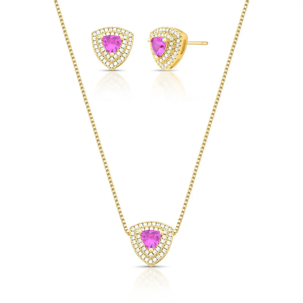 Conjunto Folheado a Ouro Brinco e Colar Triangular em Cristal e Zircônias