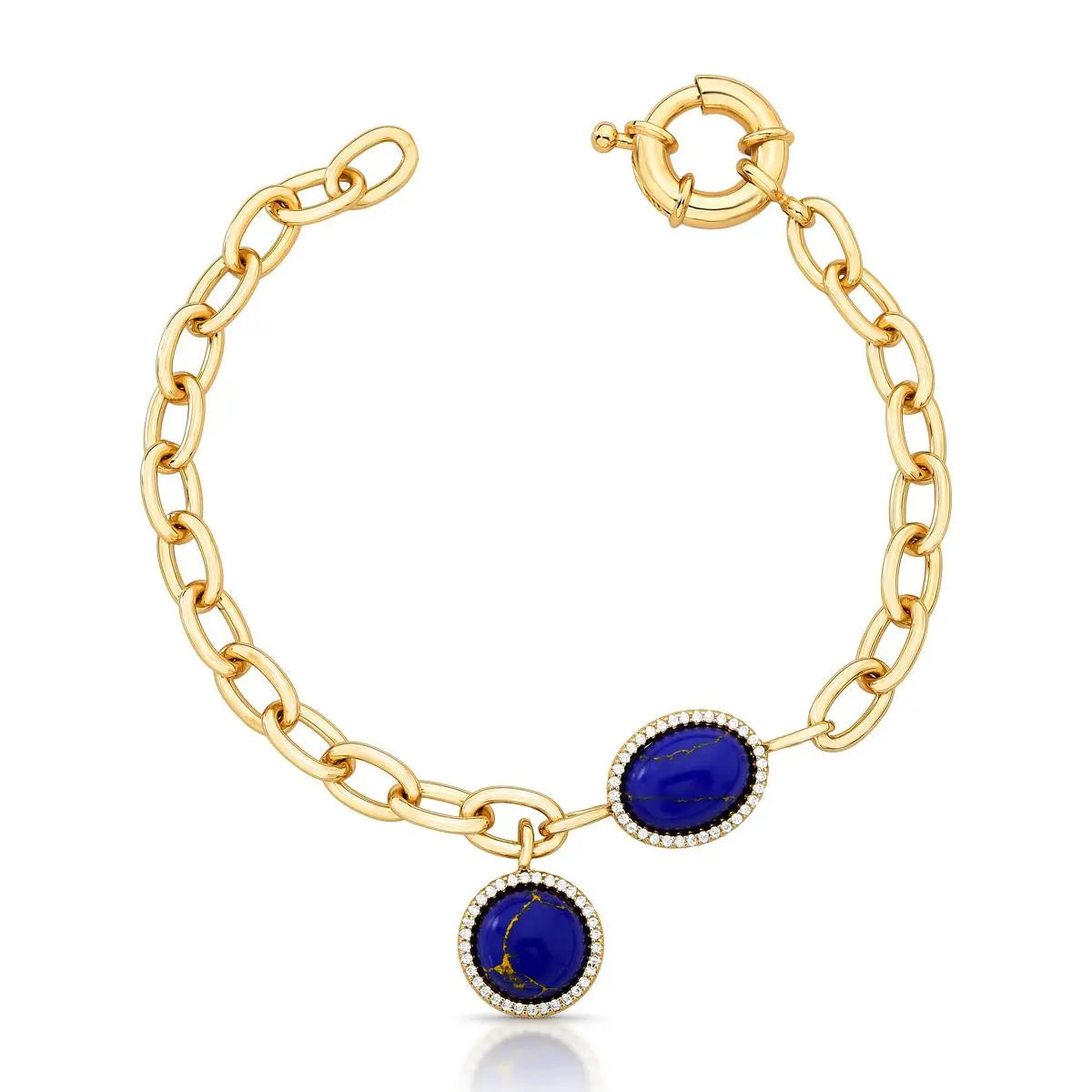 Pulseira Folheada a Ouro de Pedras Lápis Lazuli e Zircônias com Fecho Boia