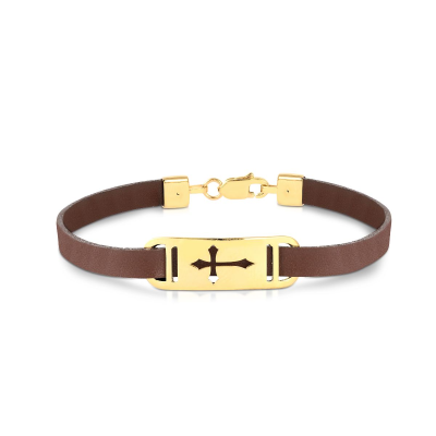 Pulseira Masculina Placa Cruz/couro Prt 5MM