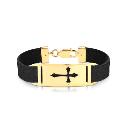 Pulseira Masculina Placa Cruz/couro Prt 1CM