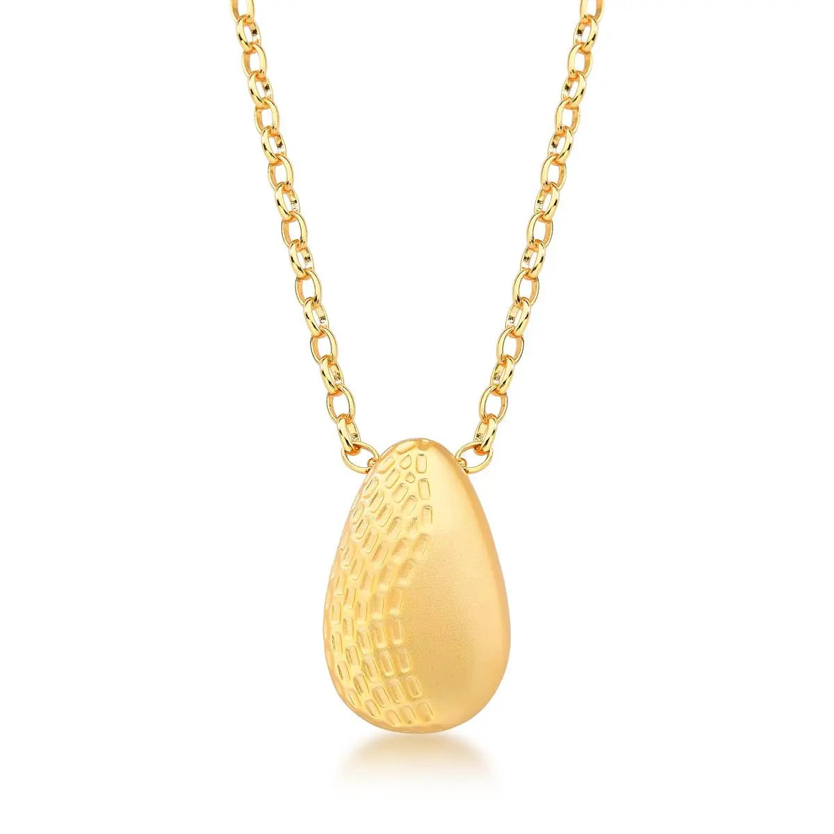 Colar Folheado a Ouro Acetinado Pingente Oval Texturizado Liso Acetinado