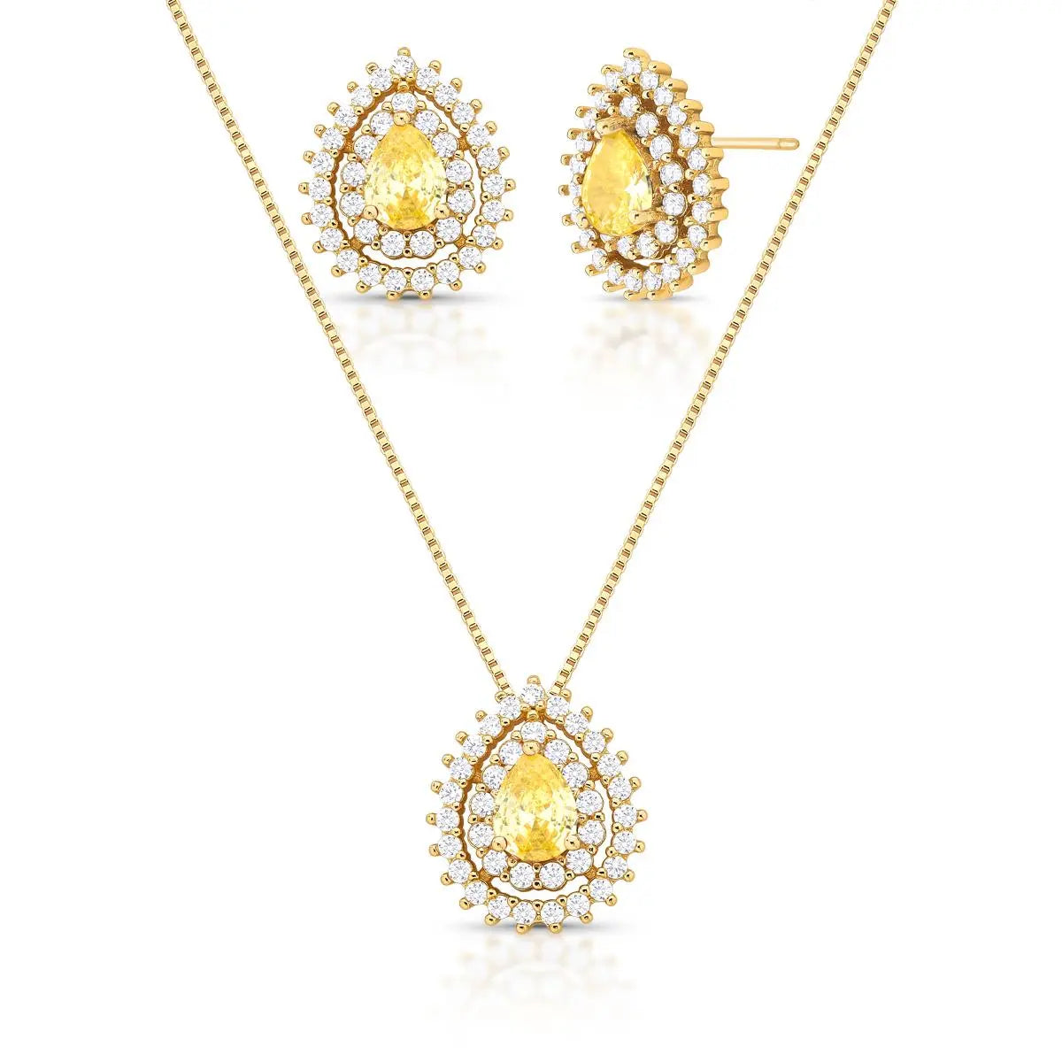 Conjunto de Brinco e Colar de Gota com Cristal e Zircônias