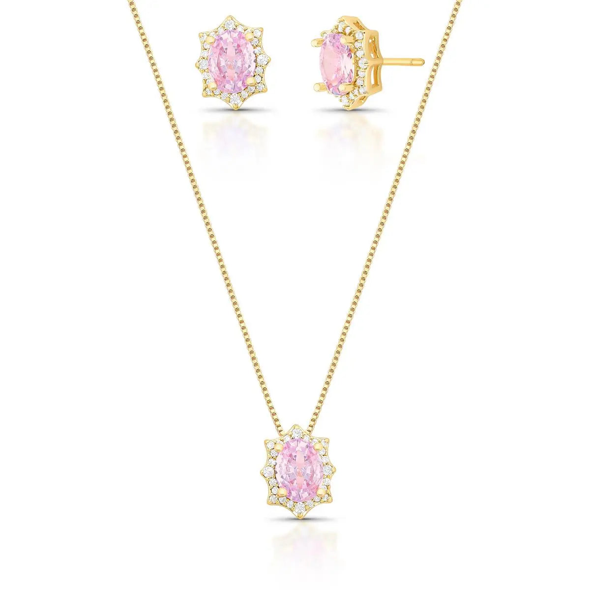 Conjunto Brinco e Colar com Cristal Oval e Zircônias