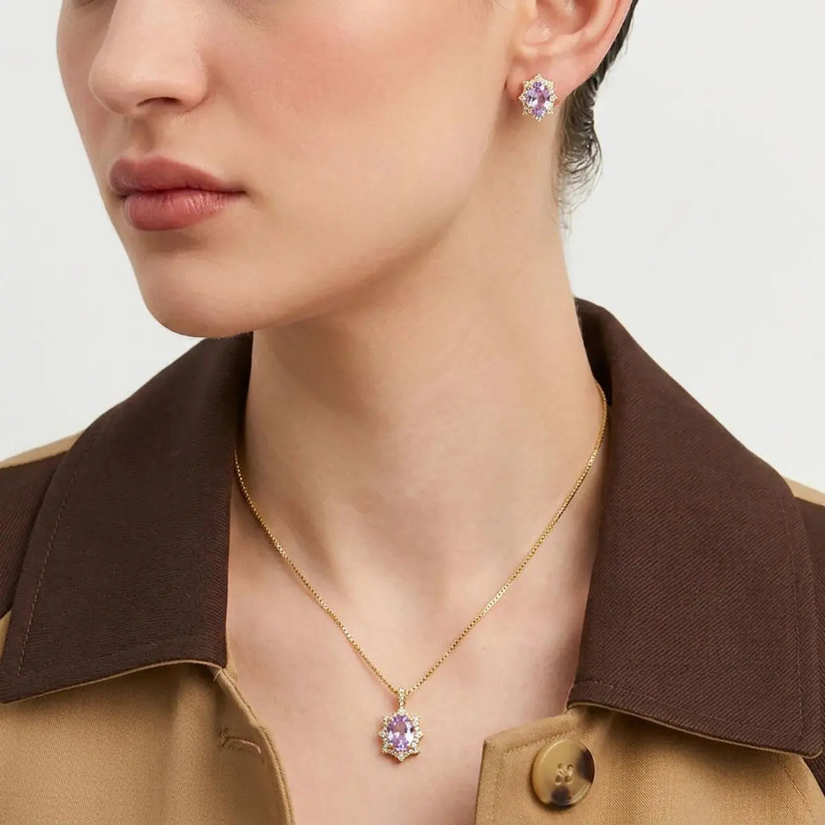 Conjunto Brinco e Colar com Cristal Oval e Zircônias