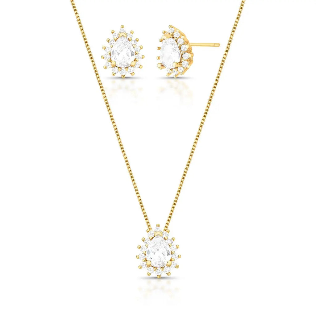 Conjunto Brinco e Colar com Cristal de Gota e Zircônias