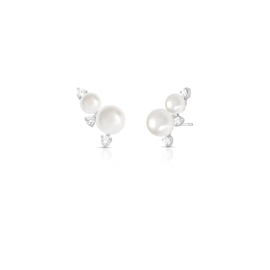 Brinco Ear de Prata 925 Cuff de Pérola Água Doce e Cristais