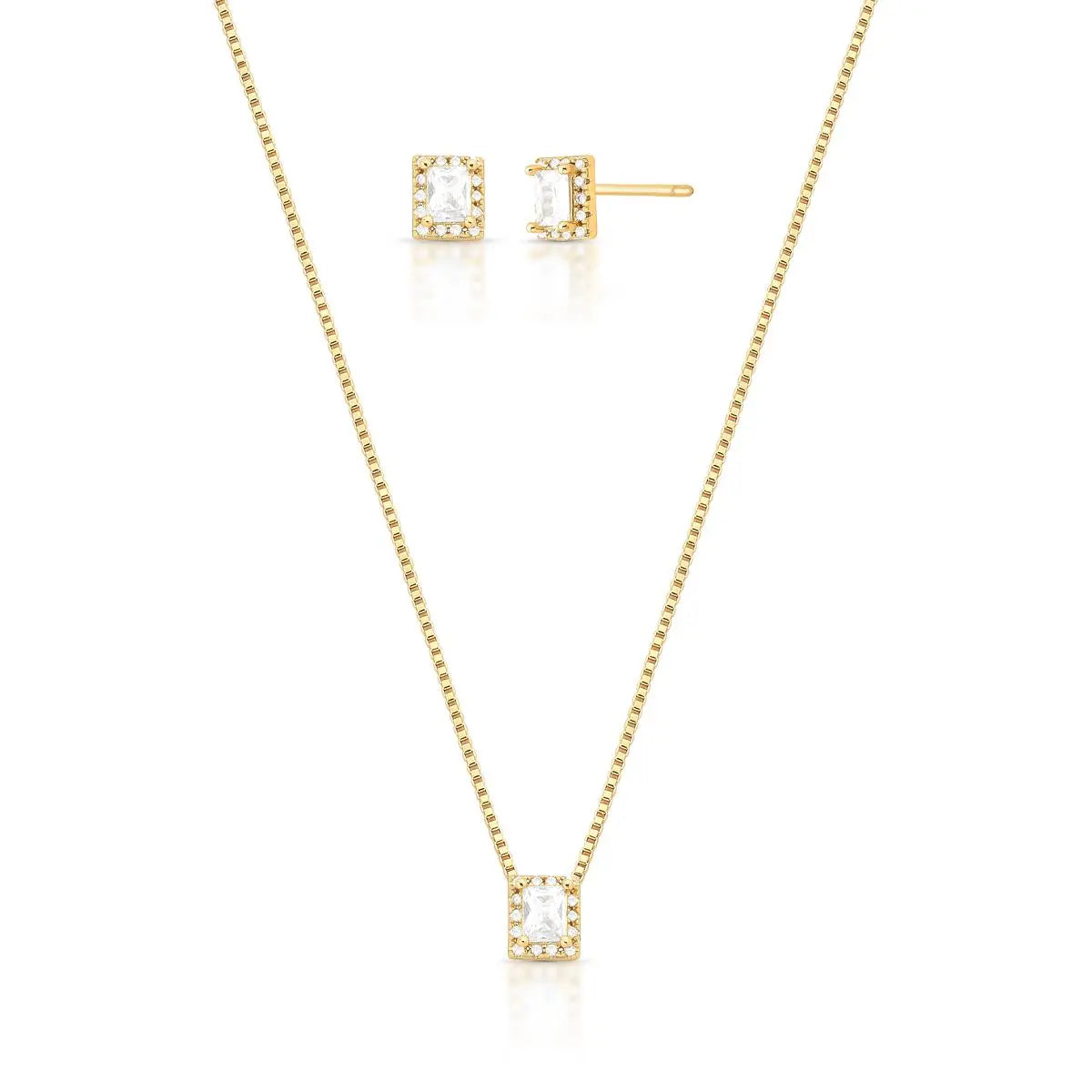 Conjunto Brinco e Colar Retangulares com Cristal e Zircônias