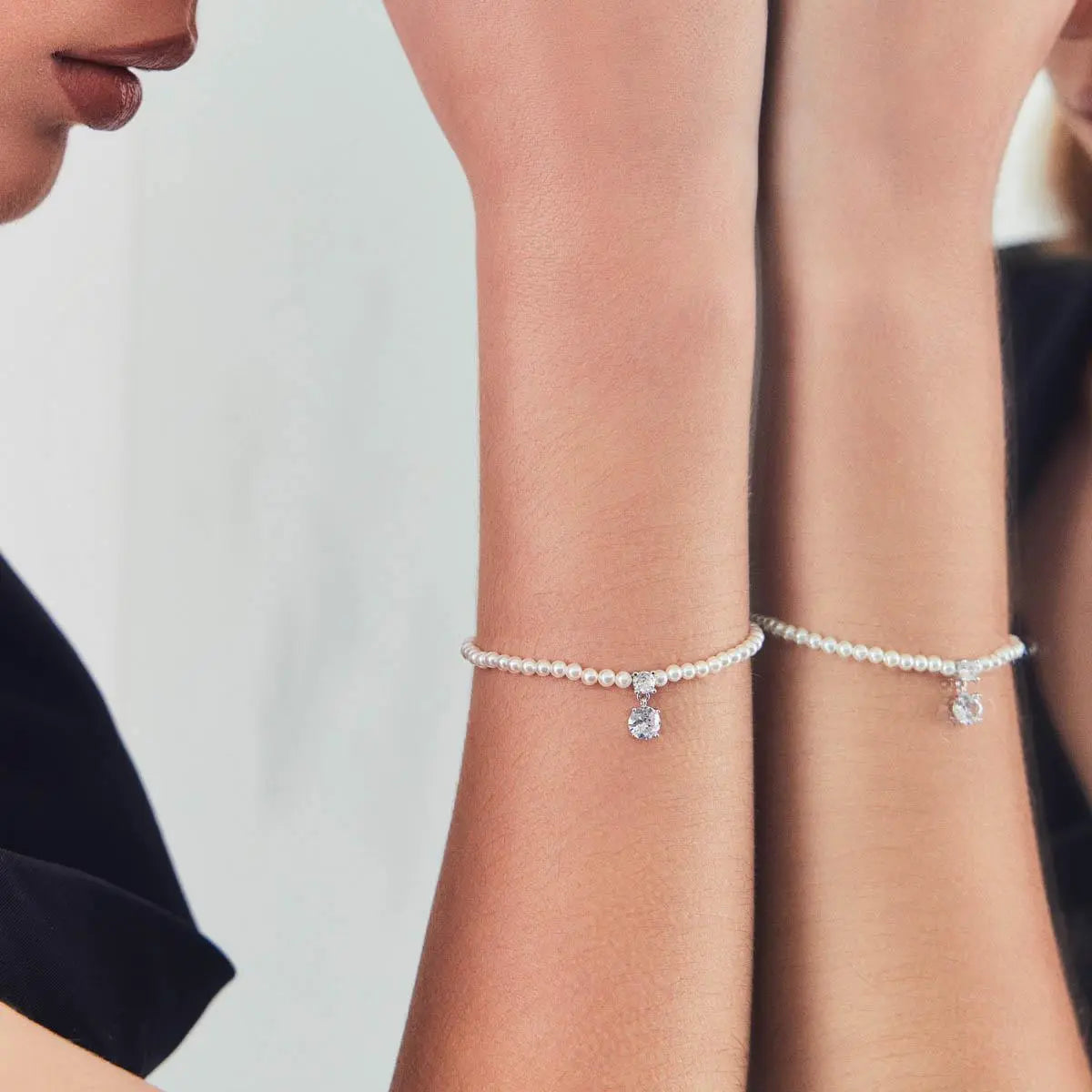 Pulseira de Prata 925 com Cristais Redondos e Pérola Shell