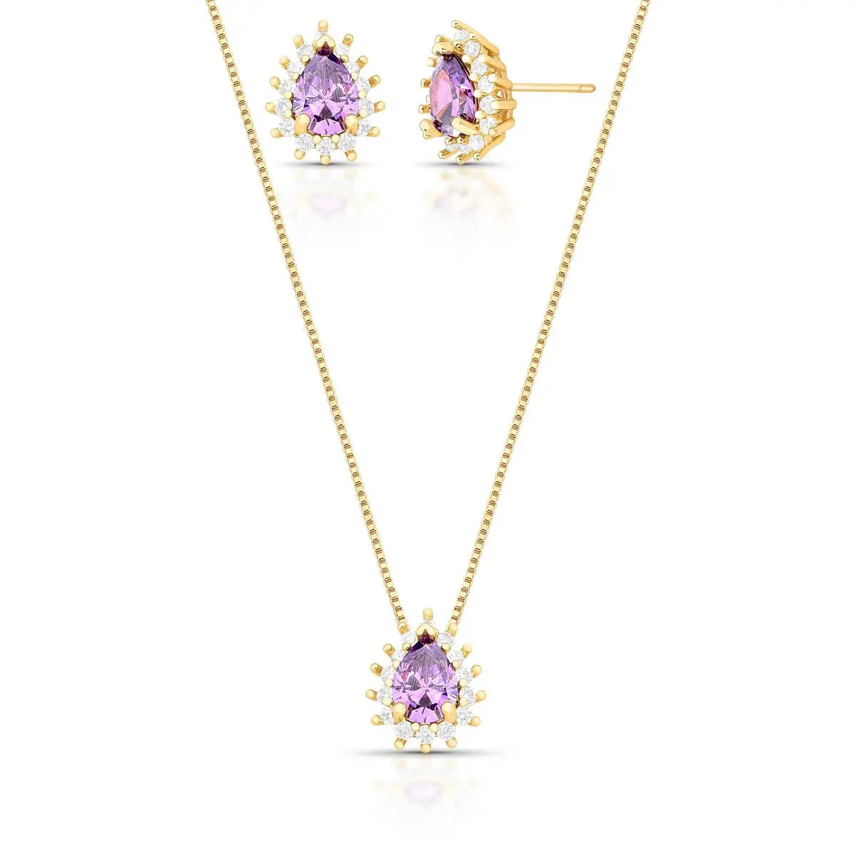 Conjunto Brinco e Colar com Cristal de Gota e Zircônias