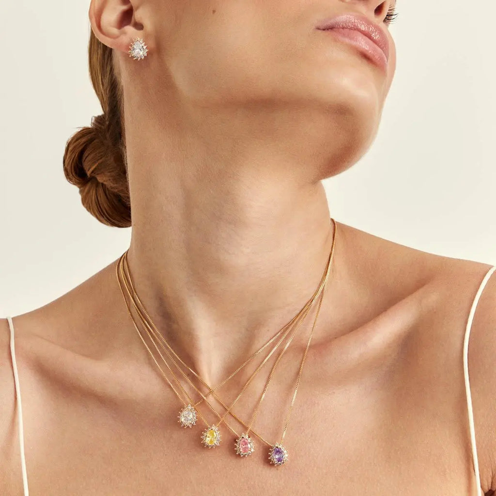 Conjunto Brinco e Colar com Cristal de Gota e Zircônias