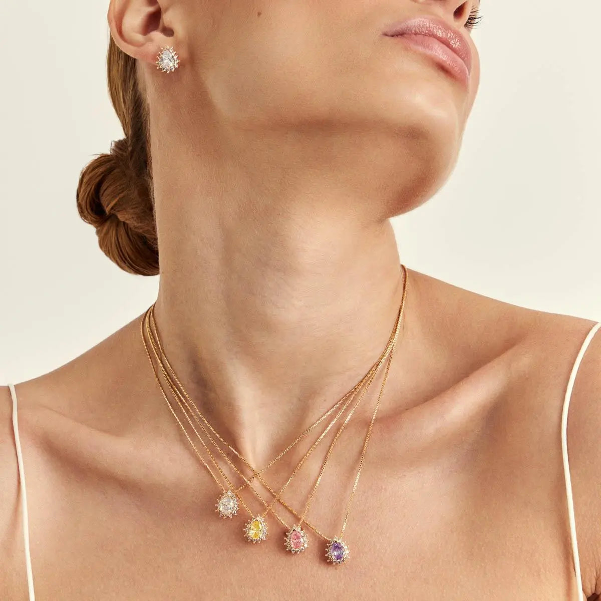 Conjunto Brinco e Colar com Cristal de Gota e Zircônias