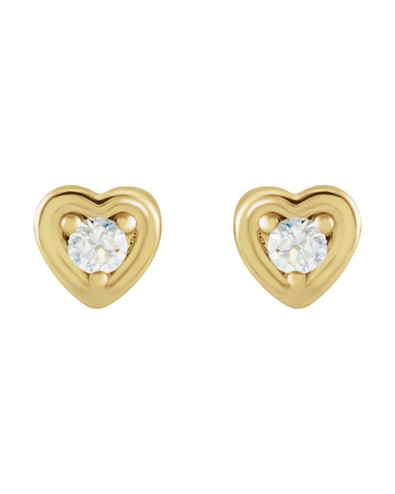 Brinco Redondo Três Garras Coração Infantil em Ouro 14k com Diamantes Naturais