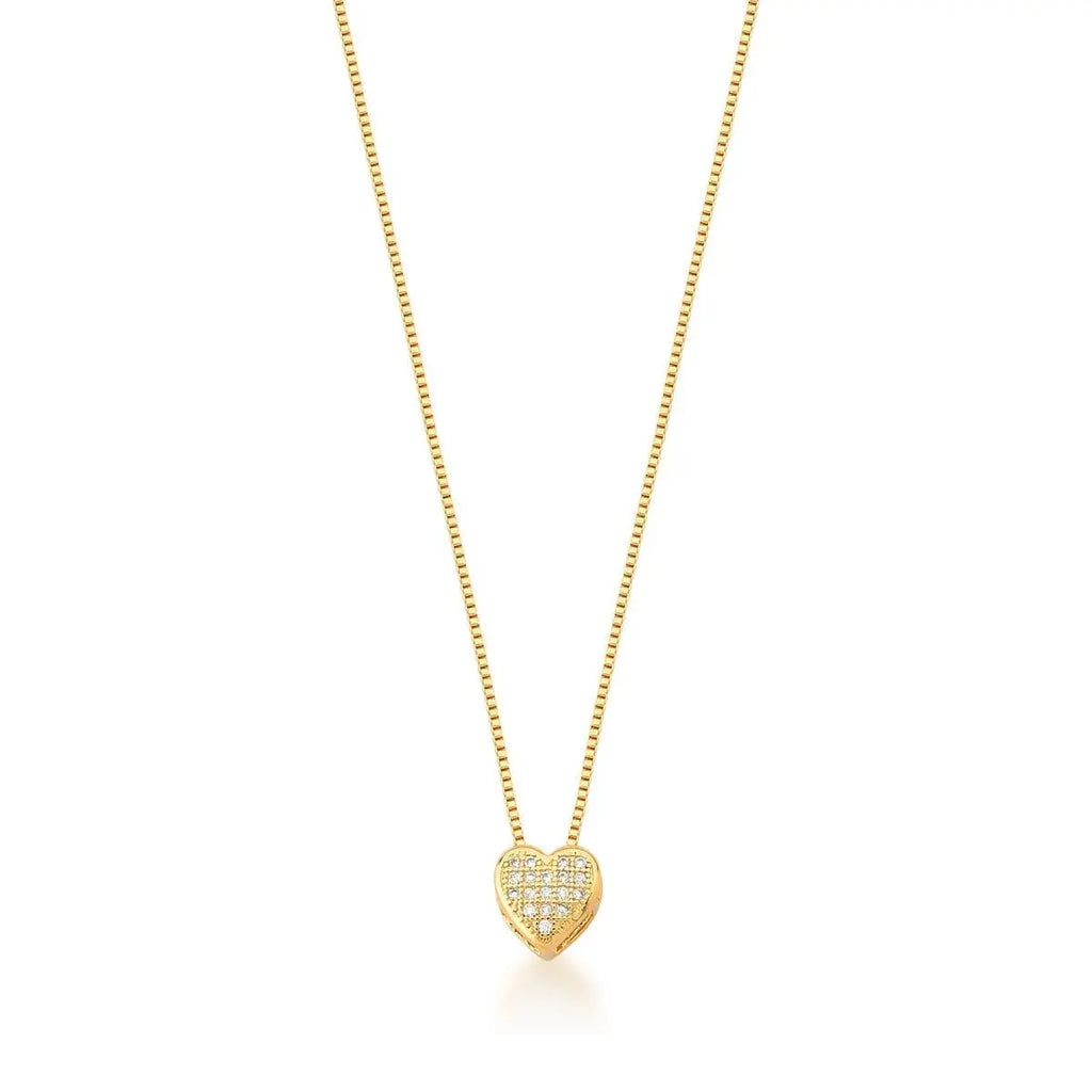 Conjunto de Brinco Folheado a Ouro e Colar com Pingente de Coração em Zircônias