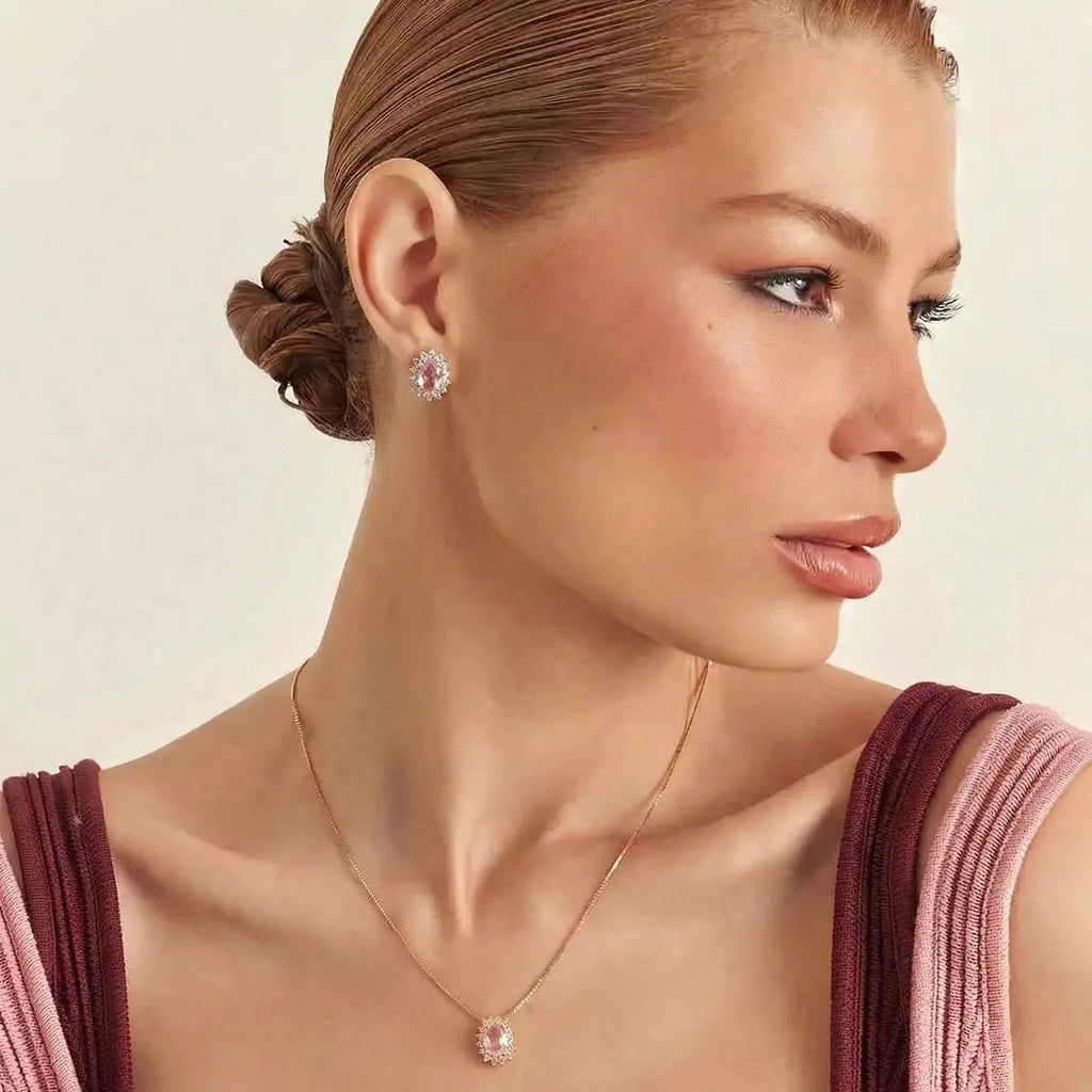 Conjunto Brinco e Colar com Cristal Oval e Zircônias