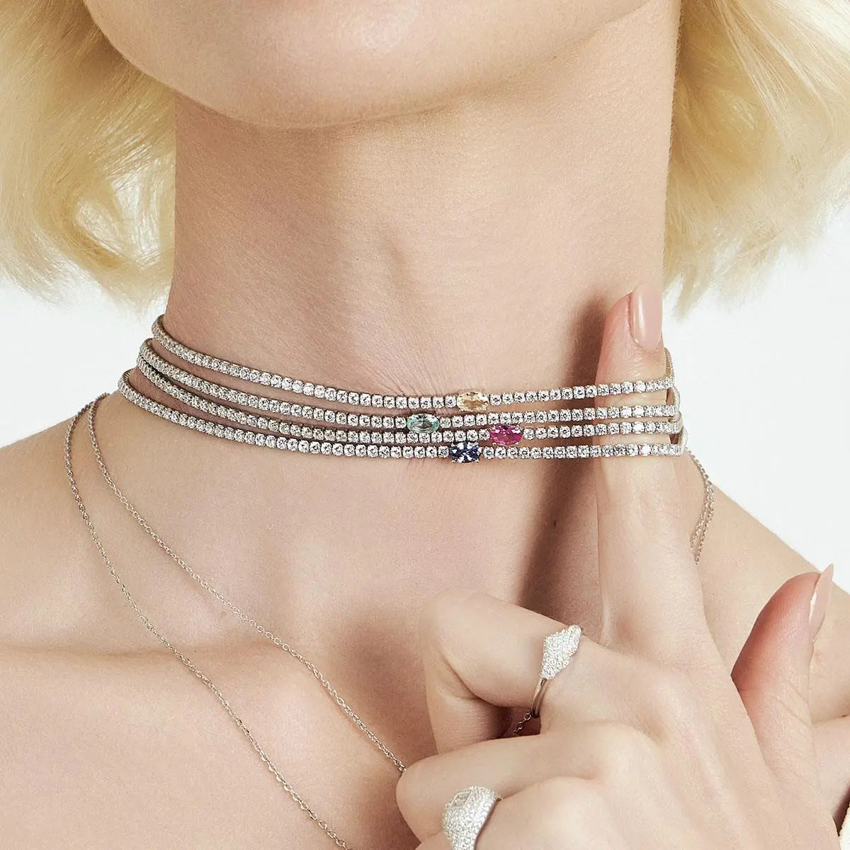 Colar Riviera de Prata 925 com Cristais Redondos e Oval