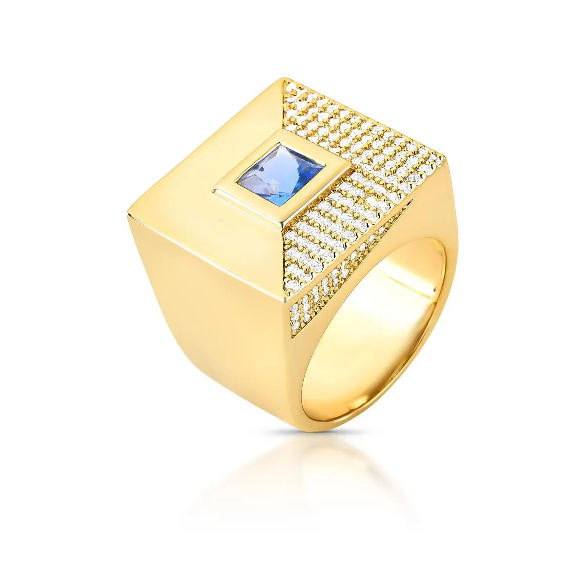 Anel Folheado a Ouro Quadrado com Cristal e Zircônias