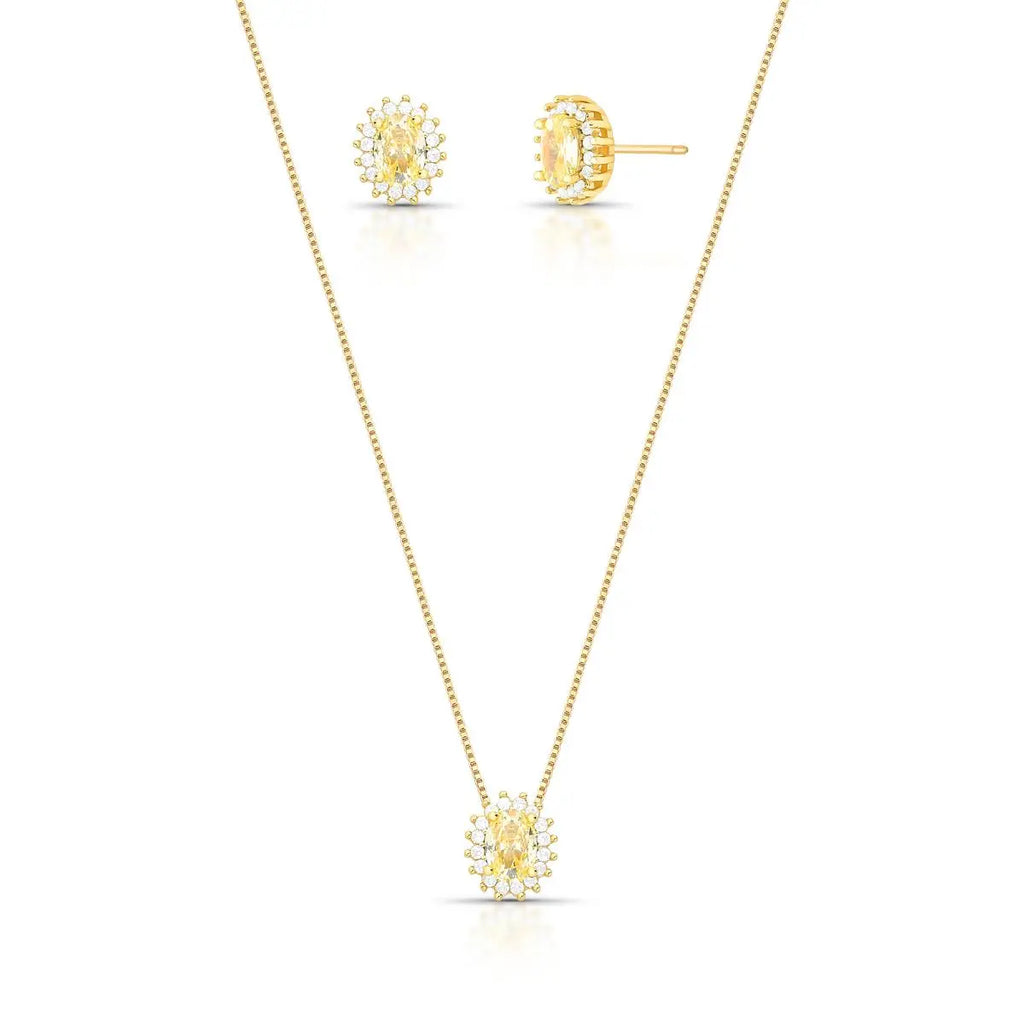 Conjunto Folheado a Ouro Brinco e Colar com Pingente Oval em Cristal e Zircônias