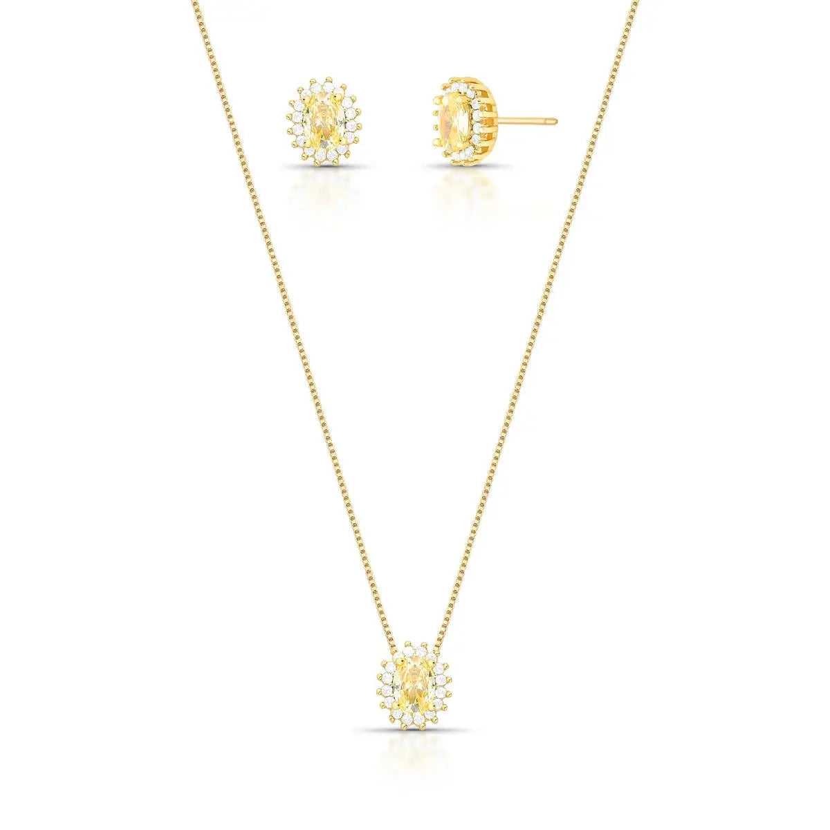 Conjunto Folheado a Ouro Brinco e Colar com Pingente Oval em Cristal e Zircônias