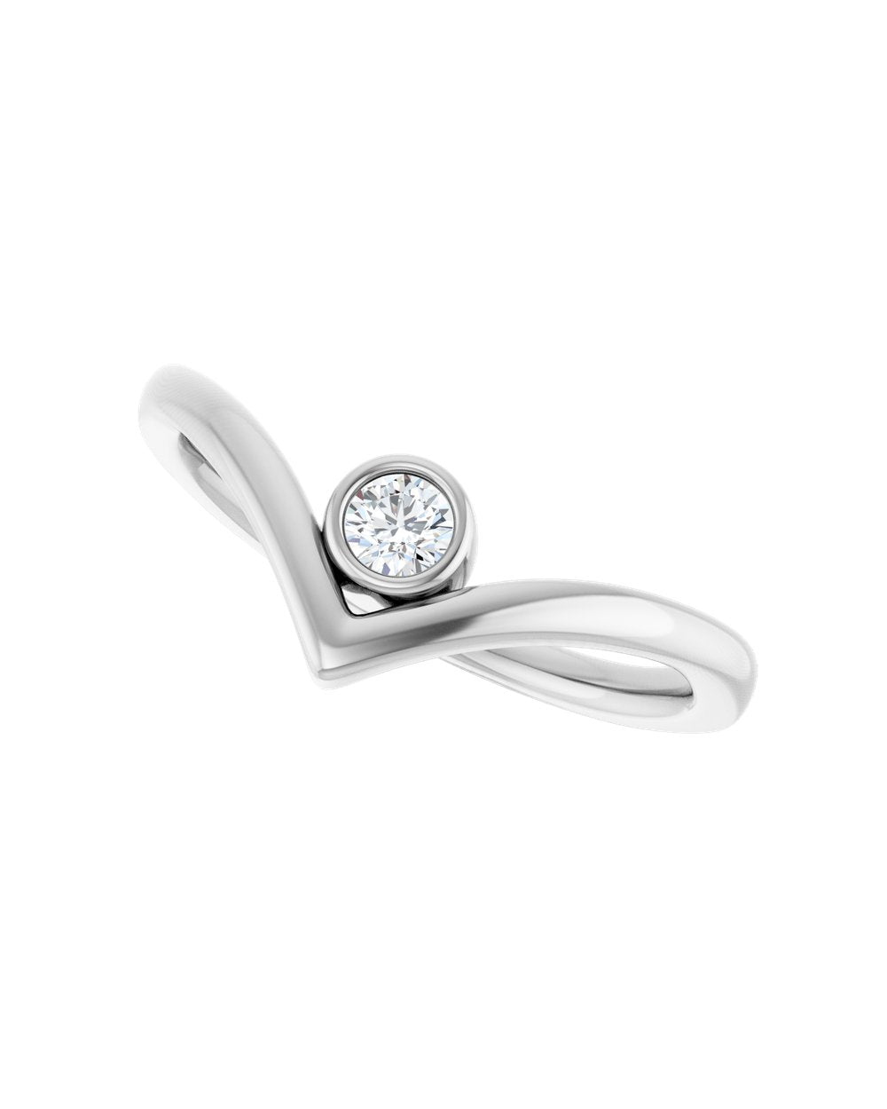 Anel V em Ouro Branco 14k com Ponto de Luz de Diamante – Branco 14k