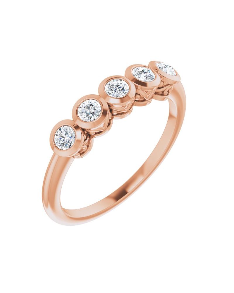 Anel Cinco Pedras com Cravação Bezel em Ouro 14k com Diamantes Naturais
