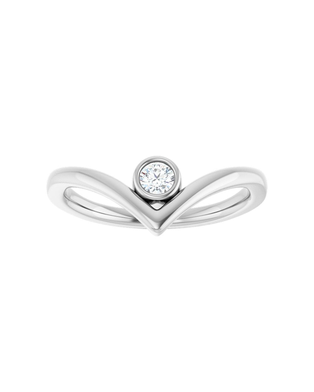Anel V em Ouro Branco 14k com Ponto de Luz de Diamante – Branco 14k
