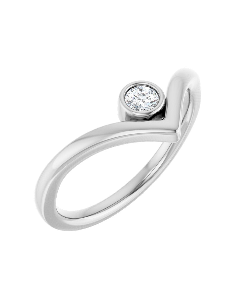 Anel V em Ouro Branco 14k com Ponto de Luz de Diamante – Branco 14k