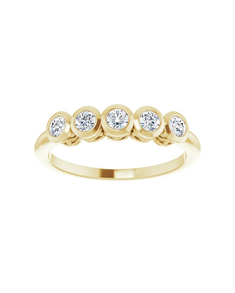 Anel Cinco Pedras com Cravação Bezel em Ouro 14k com Diamantes Naturais